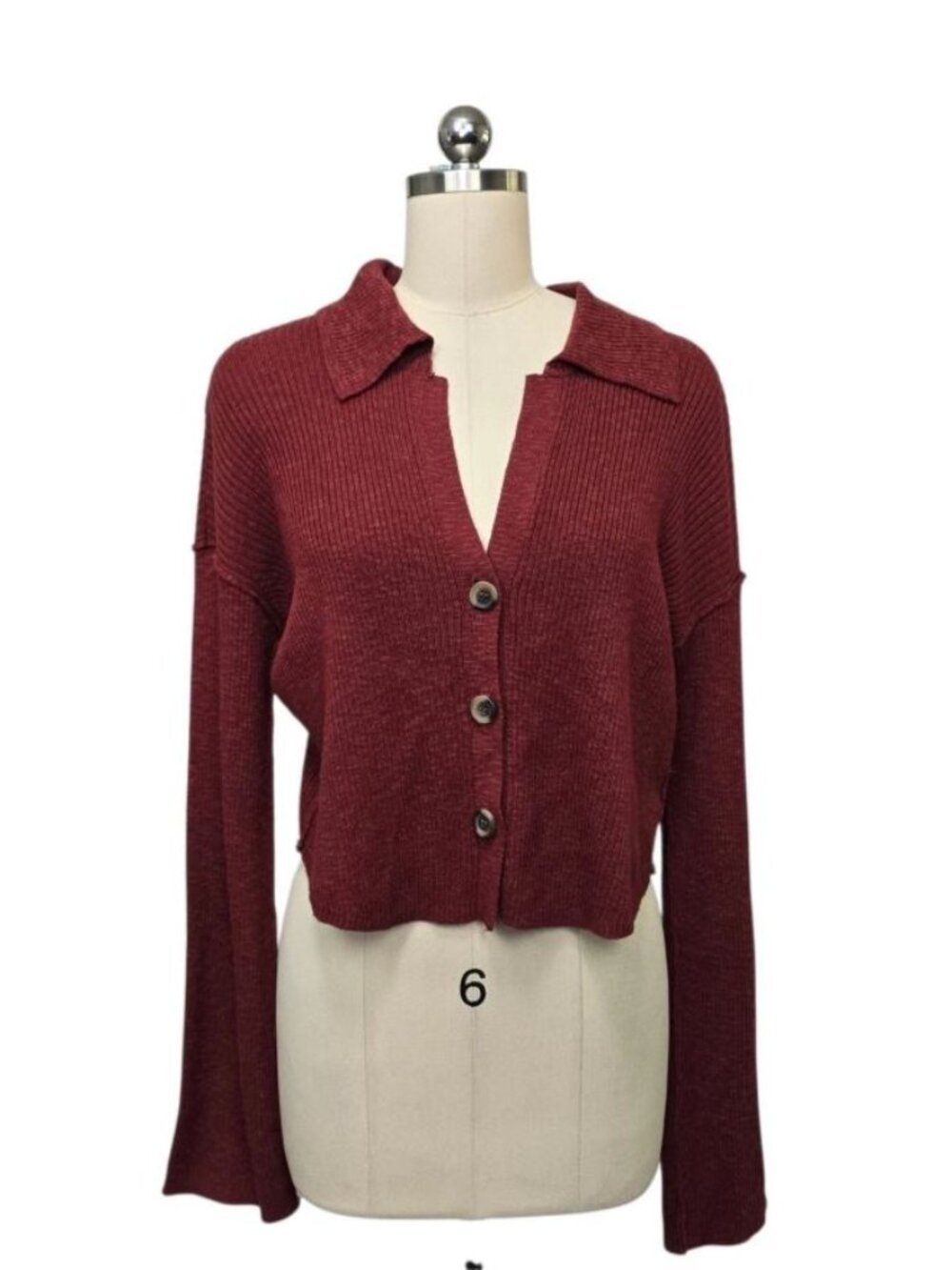 Free People Maroon Ribbed Cropped Cardigan Top, Size S